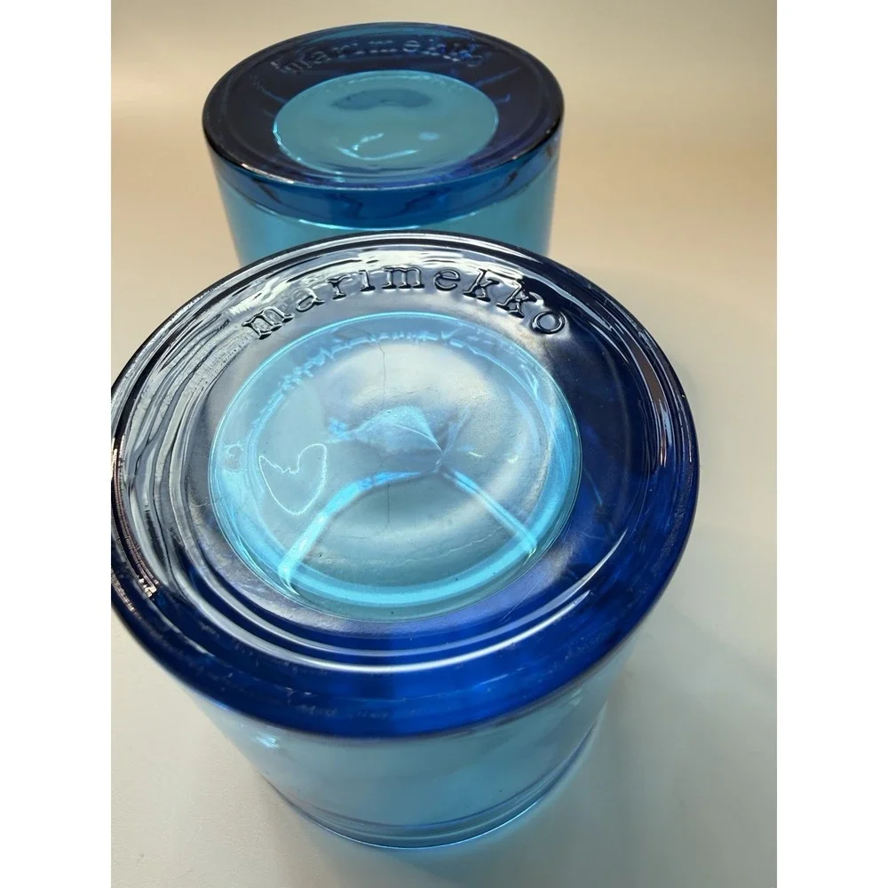 Marimekko kivi blue art glass tealight votive candle holder Iittala Finland